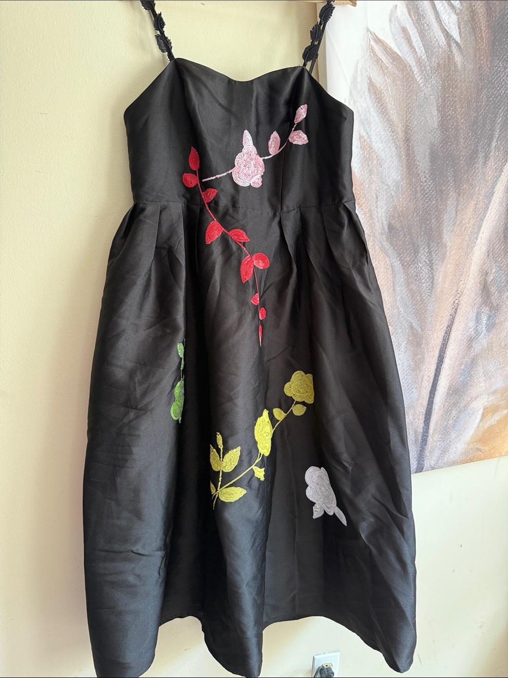Black Midi Dress with Pink, Red & Yellow Floral Embroidery